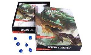 Zestaw startowy Dungeons & Dragons z zielonym smokiem i kośćmi do gry. Idealny na początek przygody w świecie D&D.