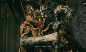 Margit, the Fell Omen z Elden Ring, z rogami i kosturem, patrzy groźnie.