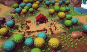 Kolorowy świat gry sandbox: domek, drzewa w odcieniach zieleni, żółci i błękitu, wodospad i kamienie.