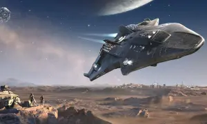 Statek kosmiczny nad planetą, dwaj astronauci i pojazd na skalistym pustkowiu. Scena jak z gier o kosmosie.