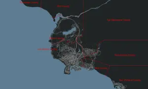 Mapa Los Santos i okolicznych hrabstw: Gumanap, Flint, Blaine, San Belvedere, Riverbrooks, Red i San Vizcaino.