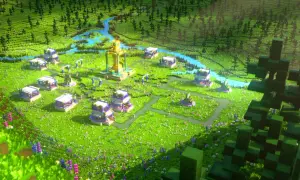 Wioska w stylu Minecraft, z budynkami, rzeką i lasem. W centrum złoty posąg. Wyobraź sobie, jakie komendy Minecraft można tu wprowadzić!