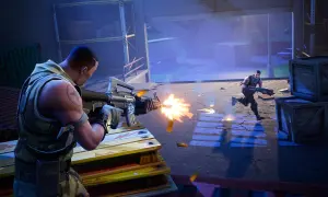 Dwóch graczy w grze battle royale, jeden strzela z karabinu, drugi biegnie.
