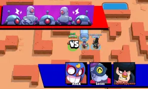 Brawl Stars: kiedy powstał ten mecz? Widzimy postacie z gry, w tym roboty i wojowników, na pustynnej mapie.