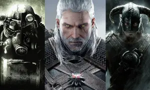 Trzy ikoniczne postacie z gier: w zbroi z Fallouta, Geralt z Wiedźmina i wojownik ze Skyrim.