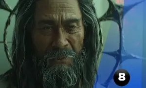Portret starszego mężczyzny z długimi, siwymi włosami i brodą. W tle widać fragmenty stylizowanej grafiki, sugerujące recenzję gry Diablo 4.