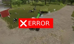 Błąd w grach farmerskich po polsku. Krowy na pastwisku, traktor z teleskopowym ładowaczem.