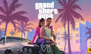 Gta 6 postacie: para na masce samochodu na tle palem i hotelu w Miami.