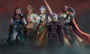 Pięć postaci fantasy: elfka, łucznik, czarodziejka, demon i rycerka, na tle gór i czerwonego nieba.
