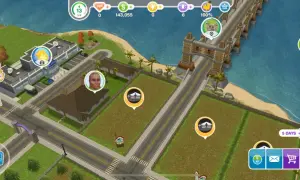 Klapaucius w grze The Sims. Widok miasta z budynkami, drogami i mostem.