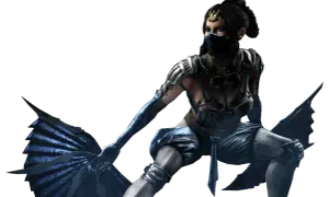 Kitana Mortal Kombat w niebieskim stroju, z maską na twarzy i wachlarzem w dłoni, gotowa do walki.