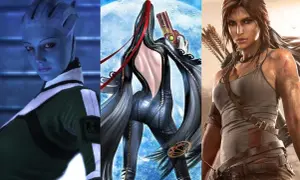 Trzy ikoniczne postacie z gier: niebieskoskóra Liara T'Soni z Mass Effect, Bayonetta z własnej serii i Lara Croft z Tomb Raider.