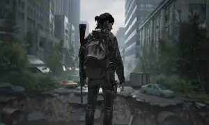 Dziewczyna z plecakiem i karabinem na tle zniszczonego miasta. Czy to gra typu fps, co to znaczy?