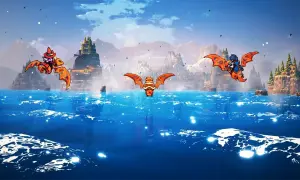 Trzy latające stwory w stylu pixel art games nad wodą, w tle góry i miasta.