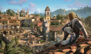 Nowy Assassin's Creed: Edward Kenway obserwuje tętniące życiem miasto z dachu, gotów do akcji.