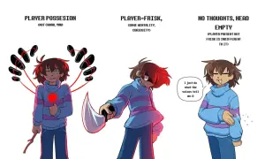 Trzy wersje Frisk z Undertale: opętany, z nożem i obojętny.