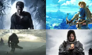Cztery kolaże z gier przygodowych: Nathan Drake, Link z łukiem, kolos i Sam Porter Bridges z dzieckiem.