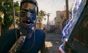 Gracz w Dead Island 2 coop celuje w zombiego z elektryczną bronią.