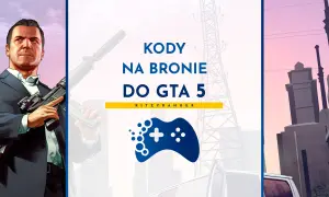 Michael z GTA 5 trzyma broń, a obok widnieje napis "Kody na bronie do GTA 5".