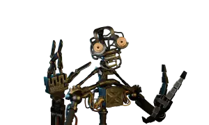 Przerażający robot, przypominający postacie z gry FNAF, z odsłoniętymi przewodami i mechanicznymi oczami, pozuje z uniesionymi rękami.
