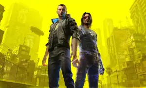 Dwóch mężczyzn w futurystycznych strojach na tle żółtego miasta. To grafika promująca Cyberpunk 2077, być może zapowiadająca nowe trofea.