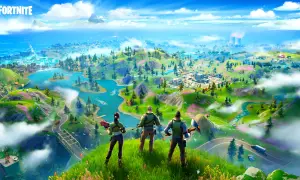 Trzech graczy patrzy na wyspę z gry Fortnite. To właśnie Fortnite, co to za gra? Kolorowa mapa z budynkami, rzekami i górami.