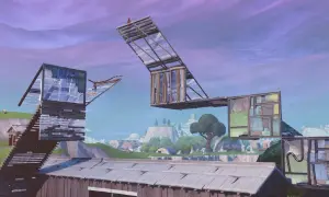 Konstrukcje z drewna i szkła w grze Battle Royale na tle fioletowego nieba.