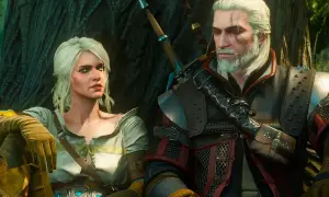 Geralt i Ciri, bohaterowie jednych z najlepszych gier RPG online, siedzą obok siebie w lesie.