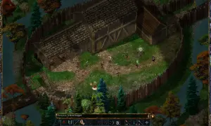 Widok z gry komputerowej z postaciami i budynkami w stylu fantasy.