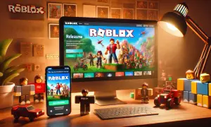 Na biurku komputer z ekranem Roblox, telefonem i figurkami. Kiedy powstał Roblox? To pytanie zadaje sobie wielu graczy.