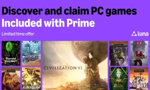 Kolaż okładek gier PC, w tym Civilization VI, z logo Prime Gaming i Amazon Luna.
