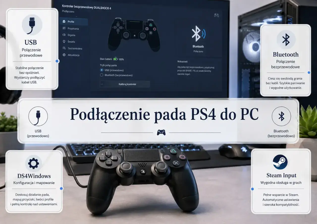 Podłączanie pada PS4 do PC: USB przewodowe, Bluetooth bezprzewodowe, DS4Windows i Steam Input. Idealne do gier na pada.