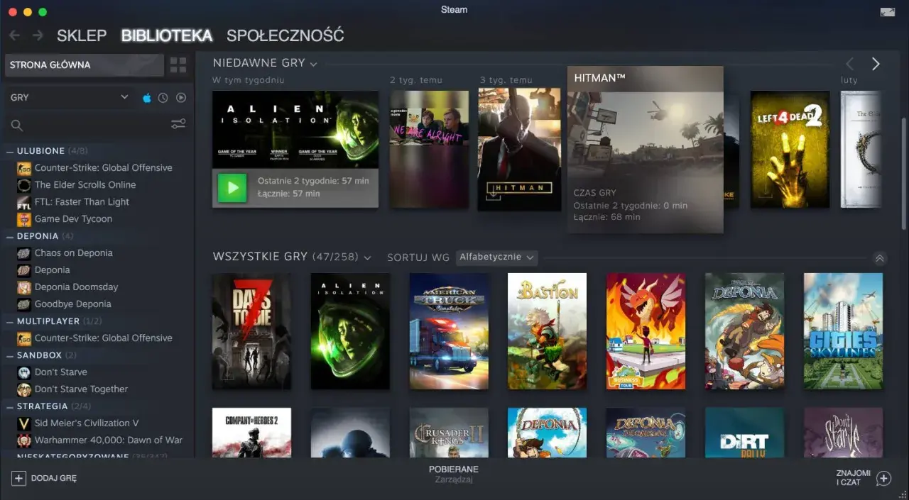 Biblioteka Steam z grami na Mac. Widoczne tytuły: Alien Isolation, Hitman, Left 4 Dead 2, Days to Die, American Truck Simulator, Bastion, Cities: Skylines.
