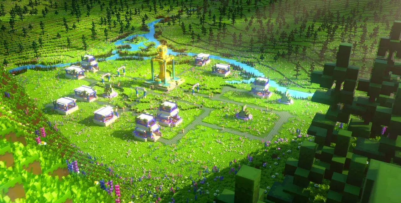 Wioska w stylu Minecraft, z budynkami, rzeką i lasem. W centrum złoty posąg. Wyobraź sobie, jakie komendy Minecraft można tu wprowadzić!