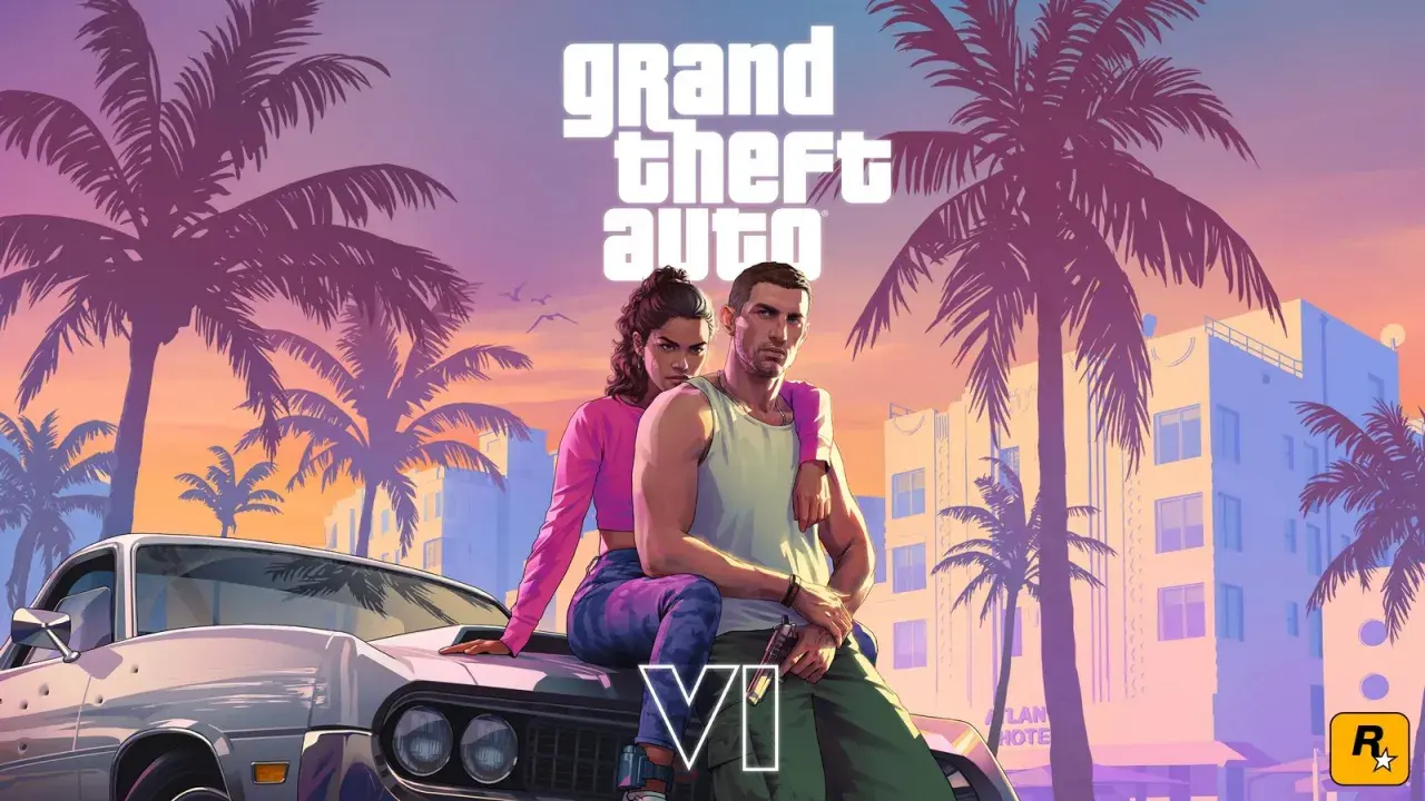 Gta 6 postacie: para na masce samochodu na tle palem i hotelu w Miami.