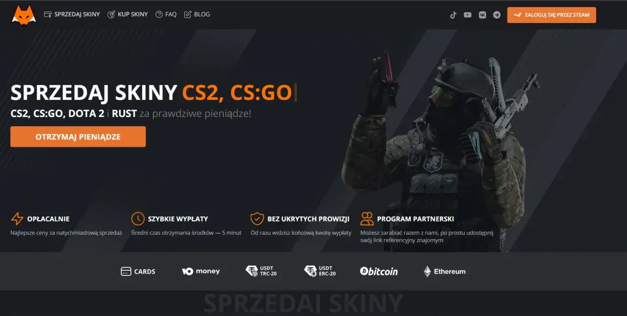 Sprzedaj skiny CS2, CS:GO, Dota 2 i Rust za prawdziwe pieniądze na opskins. Szybkie wypłaty i najlepsze ceny.
