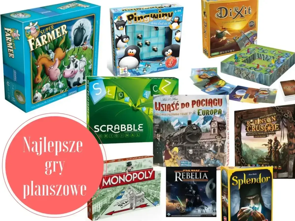 Kolekcja planszówek: Super Farmer, Pingwiny na lodzie, Dixit, Scrabble, Wsiąść do pociągu: Europa, Robinson Crusoe, Rebelia, Splendor i Monopoly. Idealne gry imprezowe!