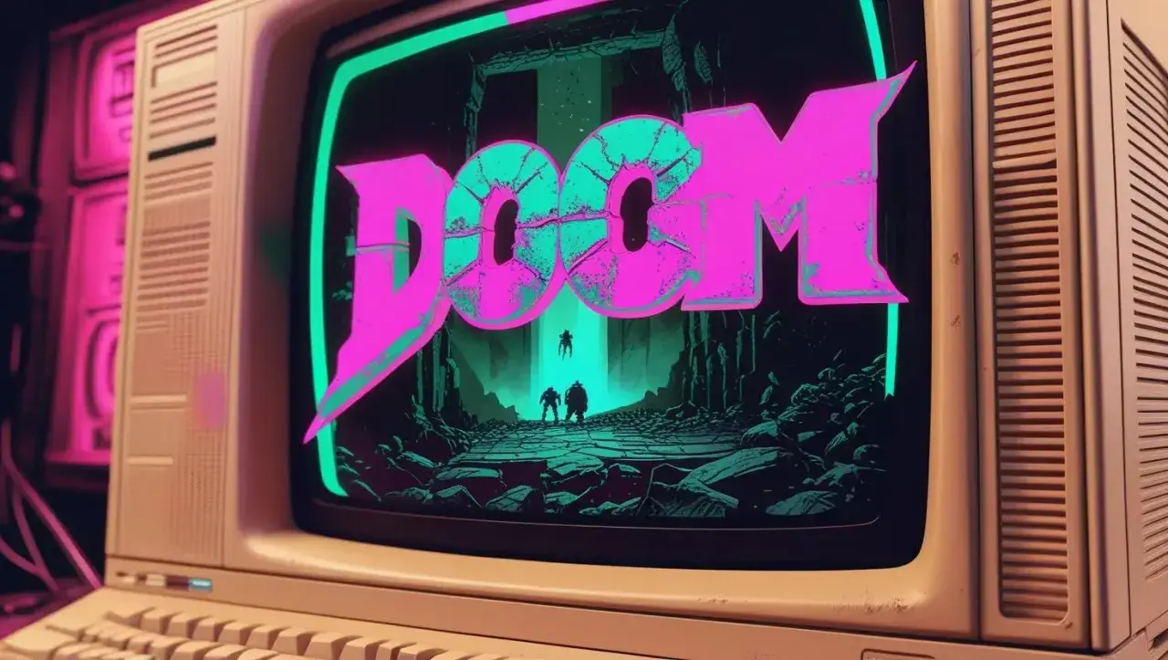 Stary komputer wyświetla logo gry "DOOM" w neonowych barwach. To klasyka **gier retro**, która wciąż fascynuje.