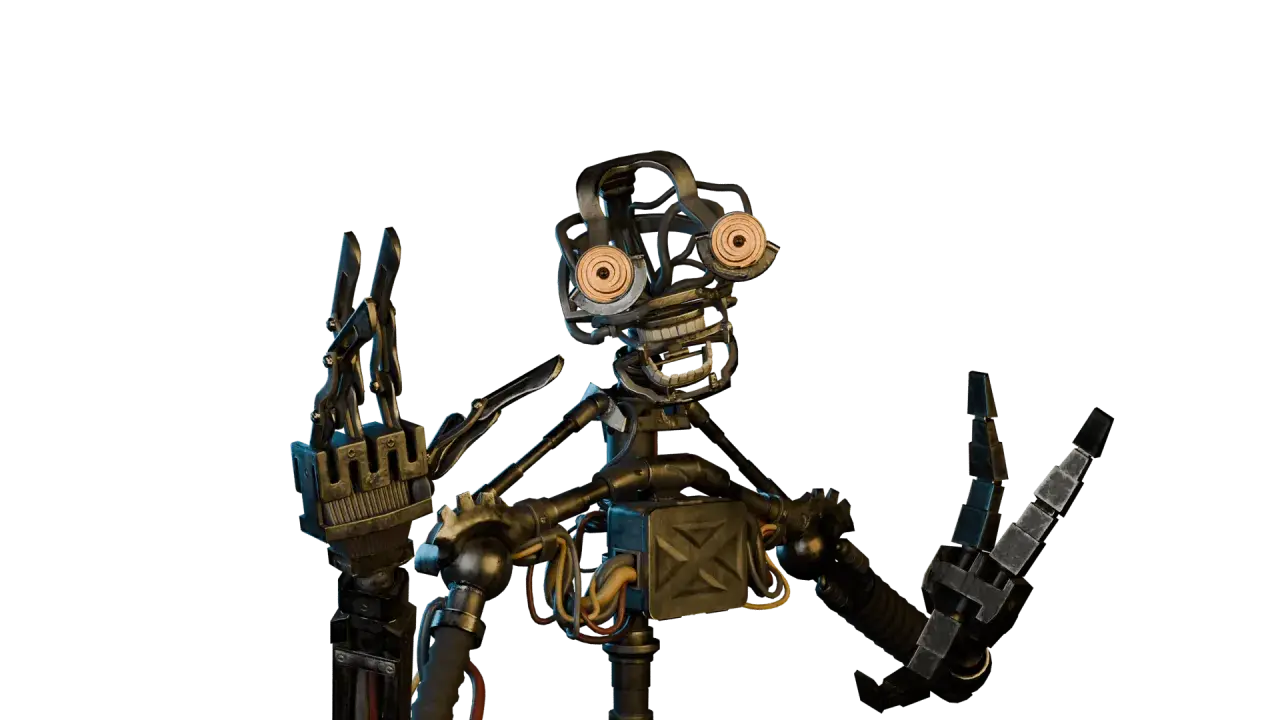 Przerażający robot, przypominający postacie z gry FNAF, z odsłoniętymi przewodami i mechanicznymi oczami, pozuje z uniesionymi rękami.