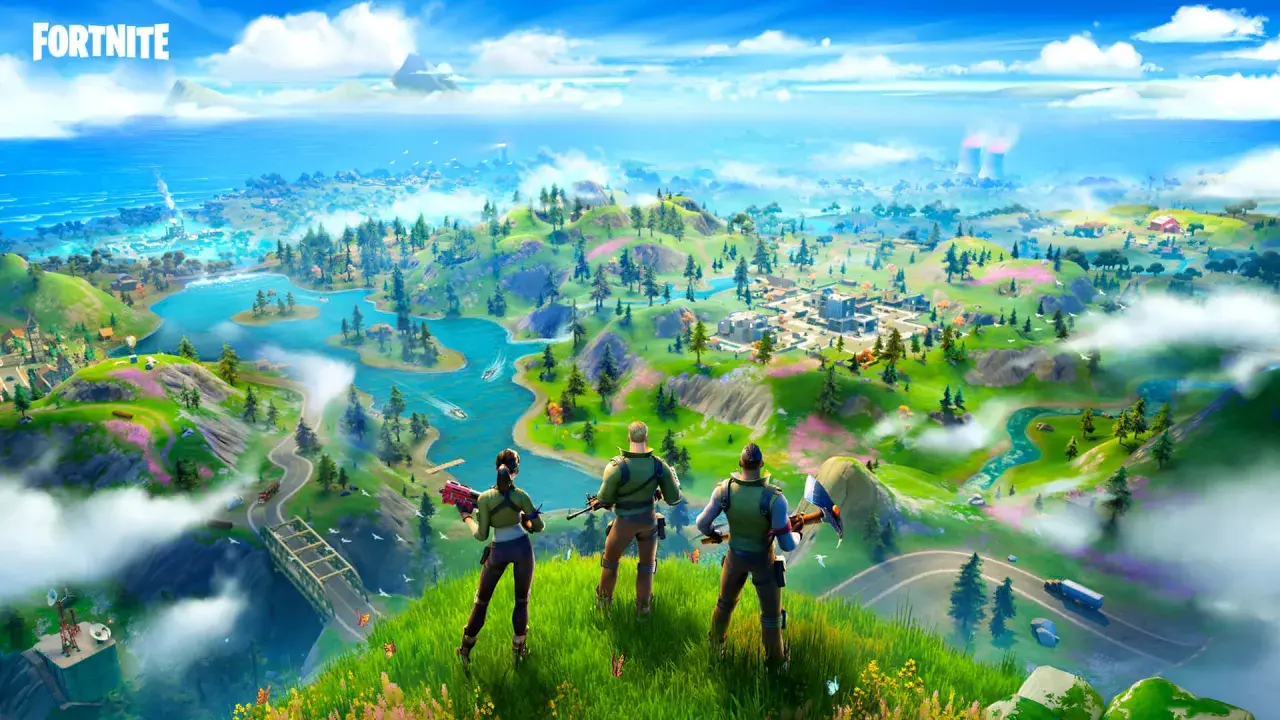 Trzech graczy patrzy na wyspę z gry Fortnite. To właśnie Fortnite, co to za gra? Kolorowa mapa z budynkami, rzekami i górami.
