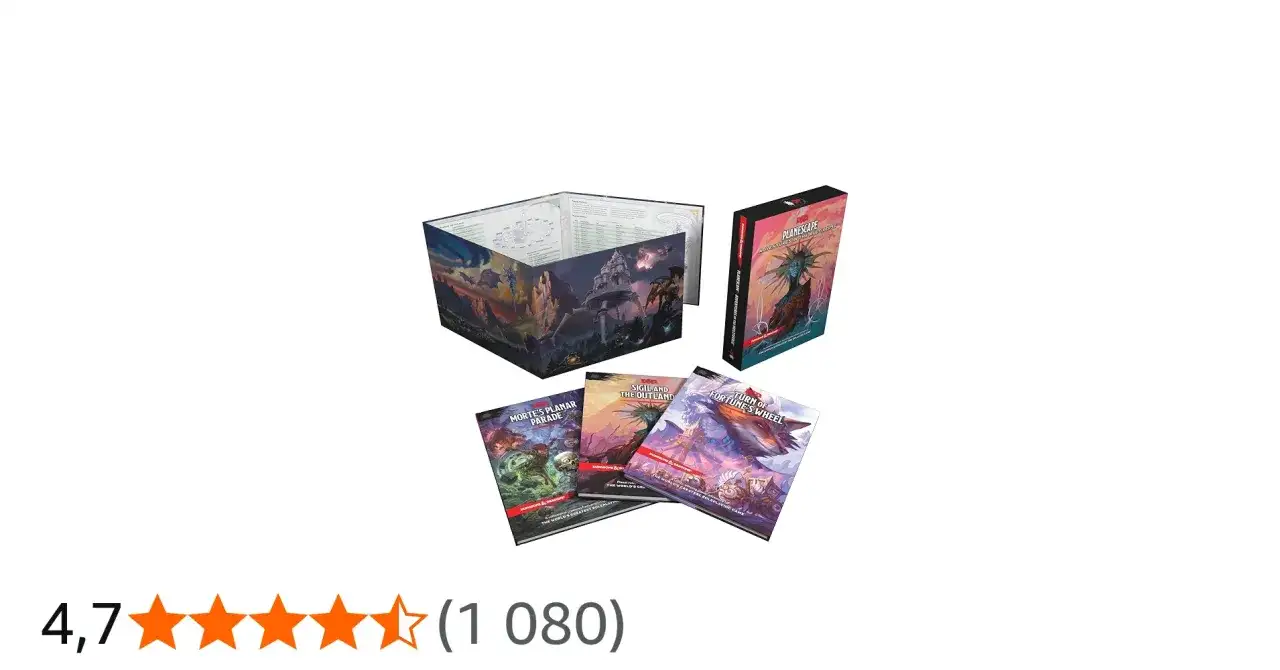 Zestaw do gry Planescape: Adventures in the Multiverse z podręcznikami i ekranem Mistrza Gry.