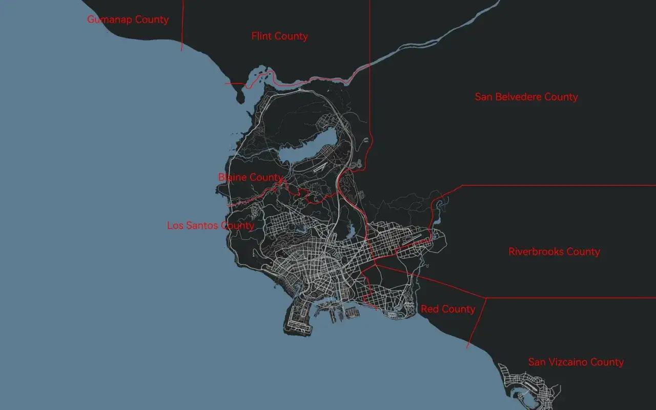 Mapa Los Santos i okolicznych hrabstw: Gumanap, Flint, Blaine, San Belvedere, Riverbrooks, Red i San Vizcaino.