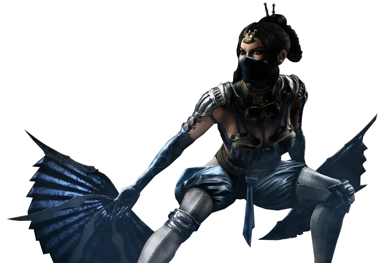 Kitana Mortal Kombat w niebieskim stroju, z maską na twarzy i wachlarzem w dłoni, gotowa do walki.