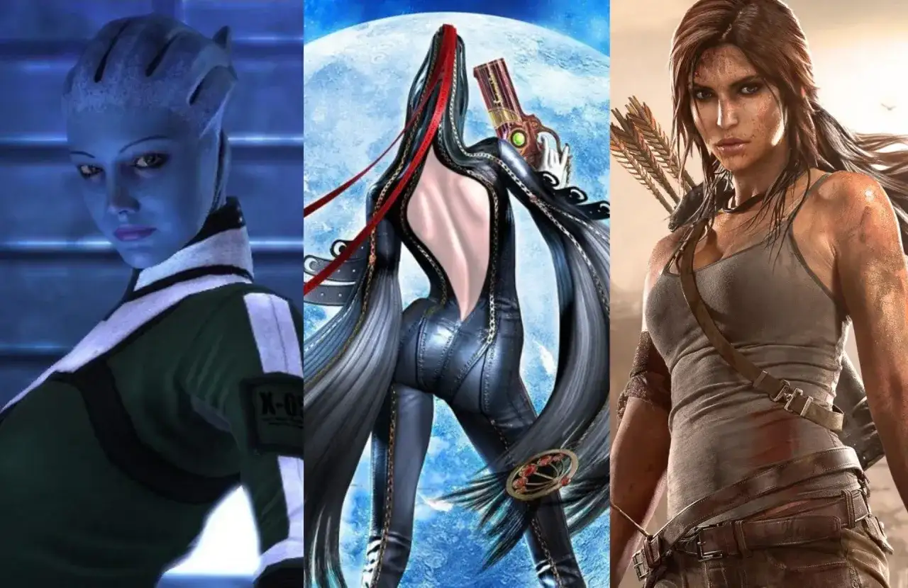 Trzy ikoniczne postacie z gier: niebieskoskóra Liara T'Soni z Mass Effect, Bayonetta z własnej serii i Lara Croft z Tomb Raider.