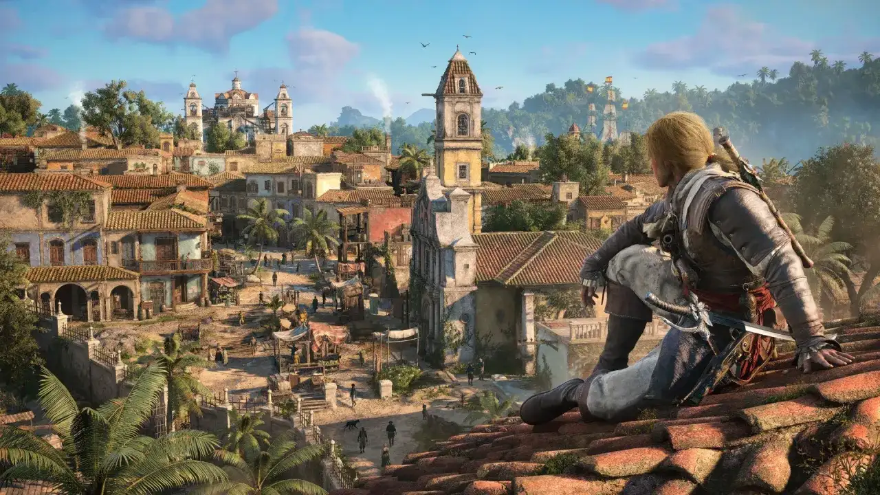 Nowy Assassin's Creed: Edward Kenway obserwuje tętniące życiem miasto z dachu, gotów do akcji.