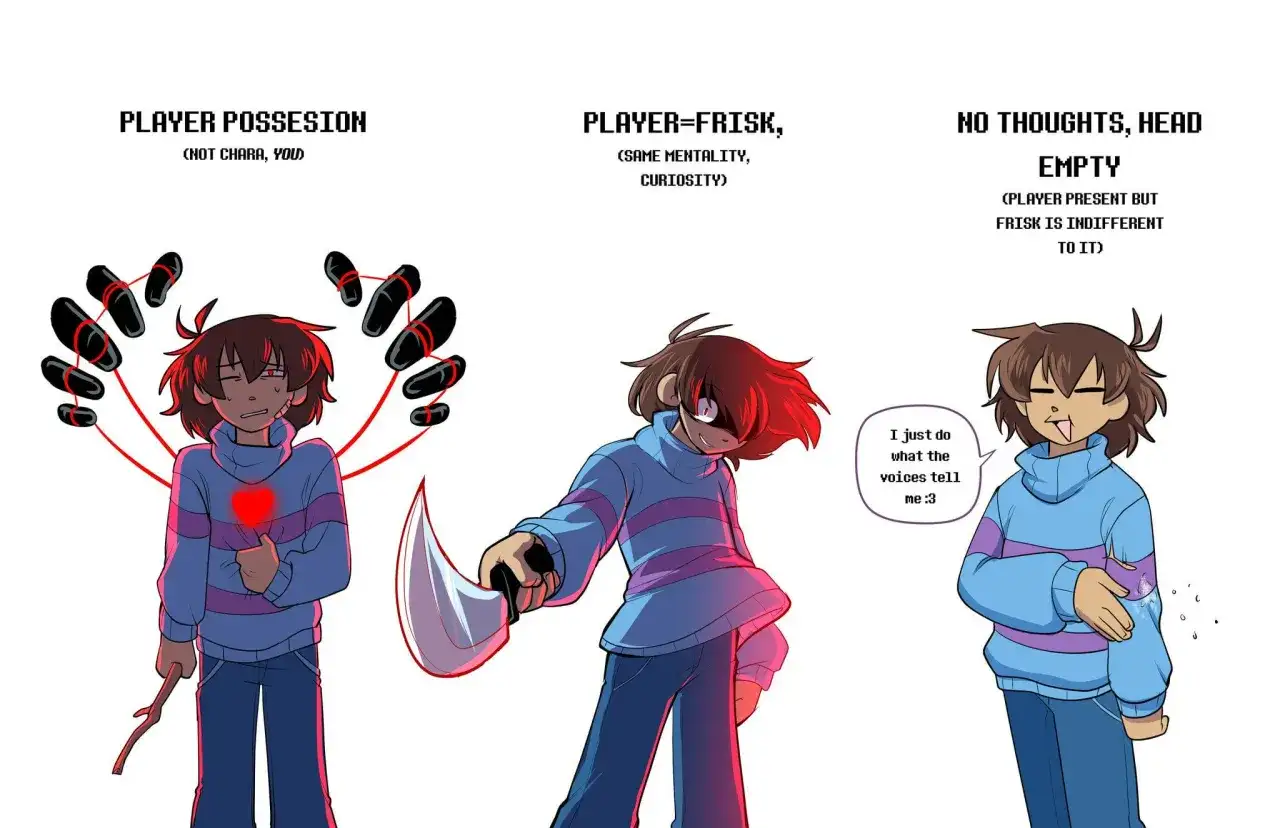 Trzy wersje Frisk z Undertale: opętany, z nożem i obojętny.