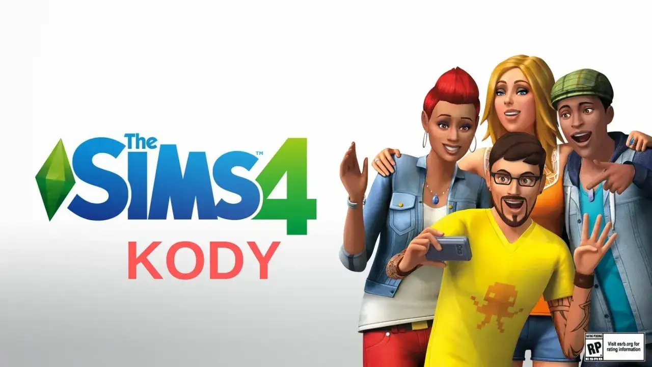 Grupa Simów robi sobie selfie, a obok logo gry The Sims 4 z napisem KODY.