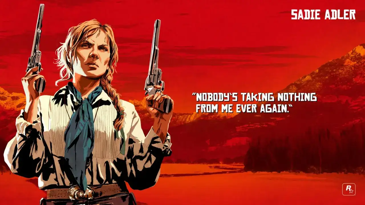 Sadie Adler, jedna z postaci z Red Dead Redemption 2, z rewolwerami w dłoniach, gotowa do walki.