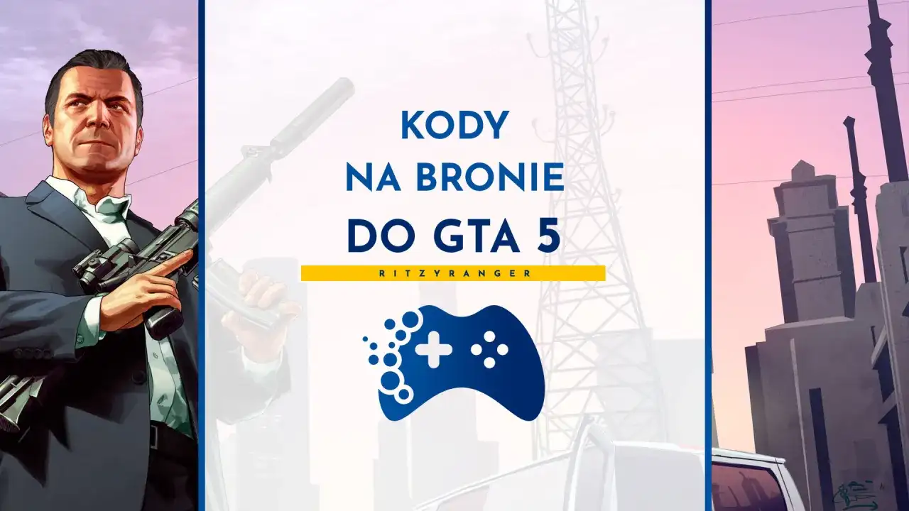 Michael z GTA 5 trzyma broń, a obok widnieje napis "Kody na bronie do GTA 5".