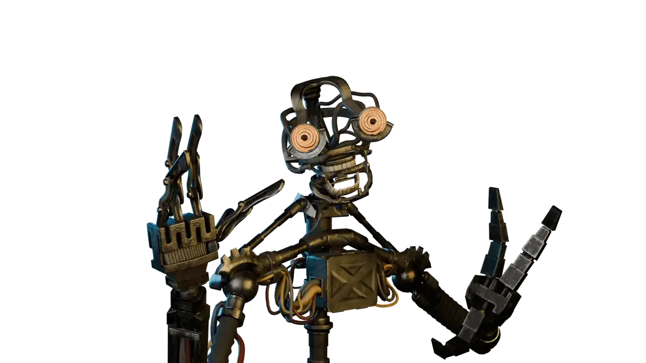 Przerażający robot, przypominający postacie z gry FNAF, z odsłoniętymi przewodami i mechanicznymi oczami, pozuje z uniesionymi rękami.